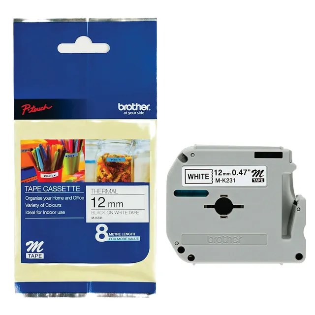BROTHER MK231 12MM BLACK ON WHITE TAPE