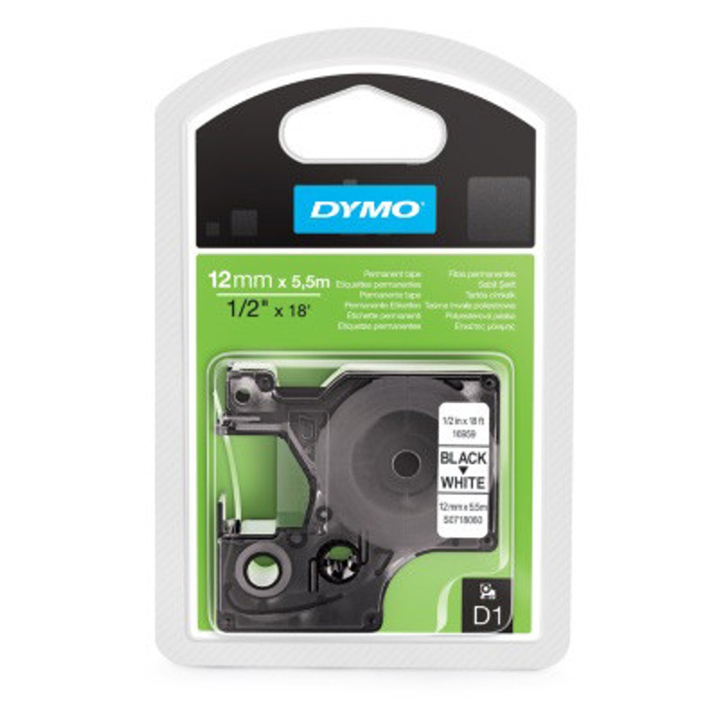 DYMO TAPE 12MMX5.5M BLACK ON WHITE